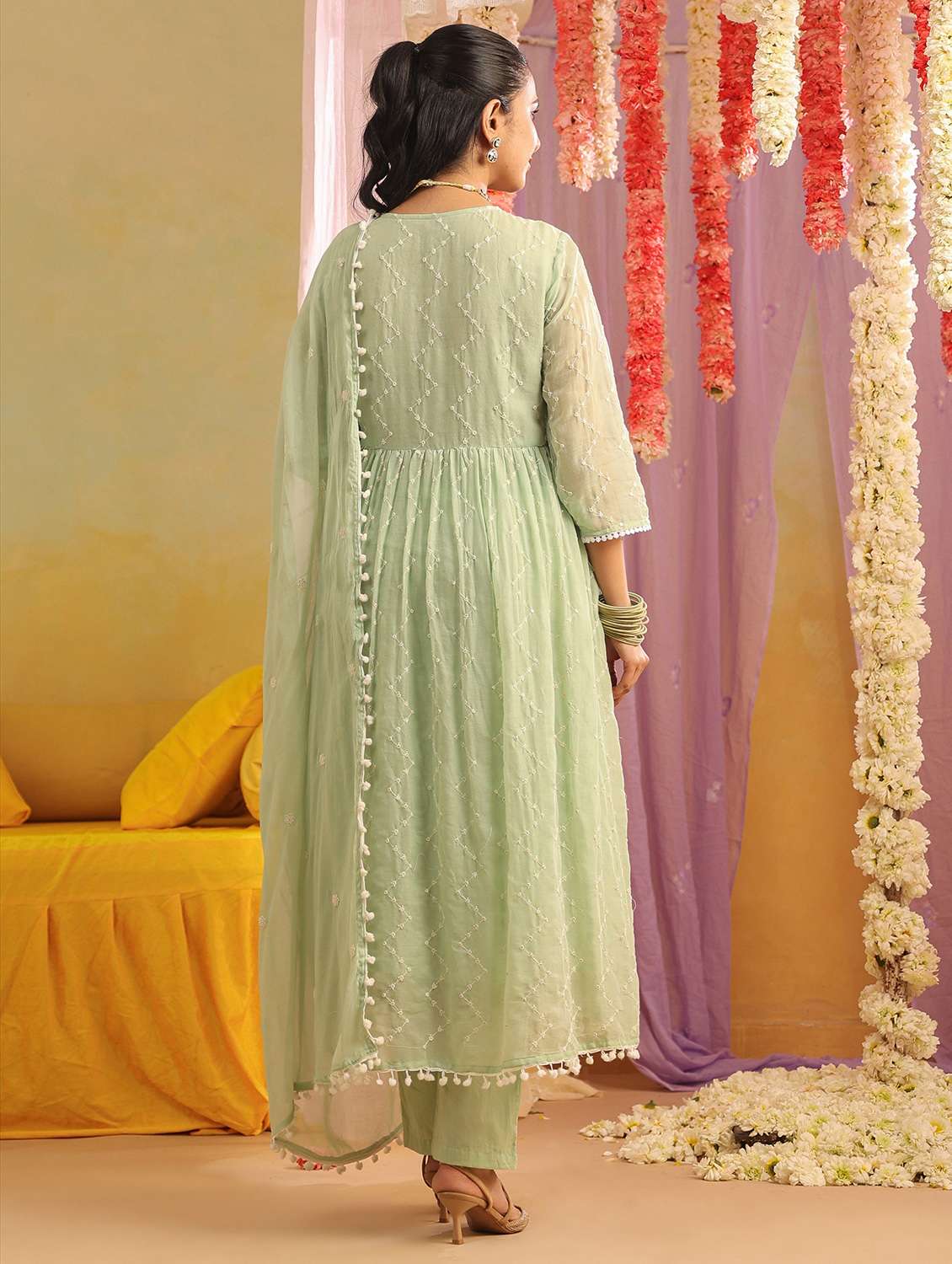 women solid with work three quarter sleeve kurta pant with dupatta set - 22390159 -  Standard Image - 4