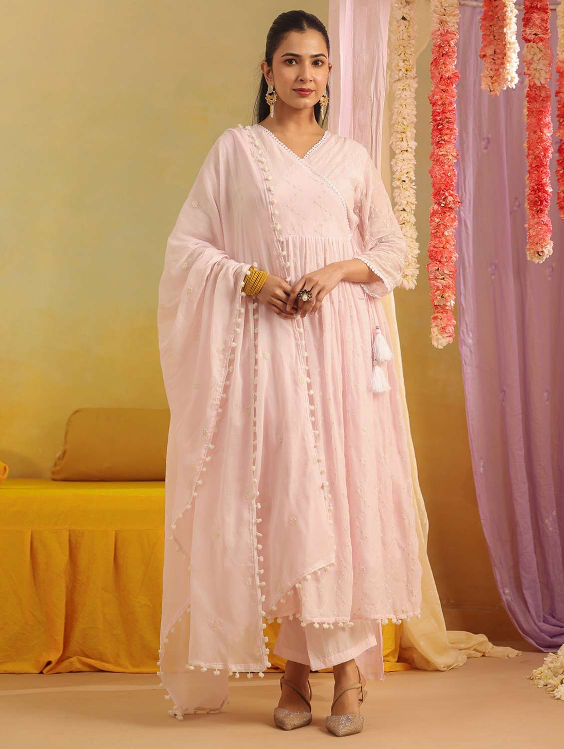 women solid with work three quarter sleeve kurta pant with dupatta set