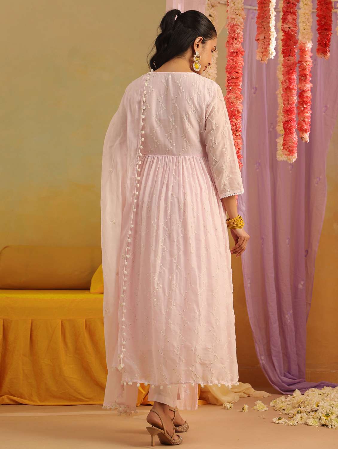 women solid with work three quarter sleeve kurta pant with dupatta set - 22390160 -  Standard Image - 4