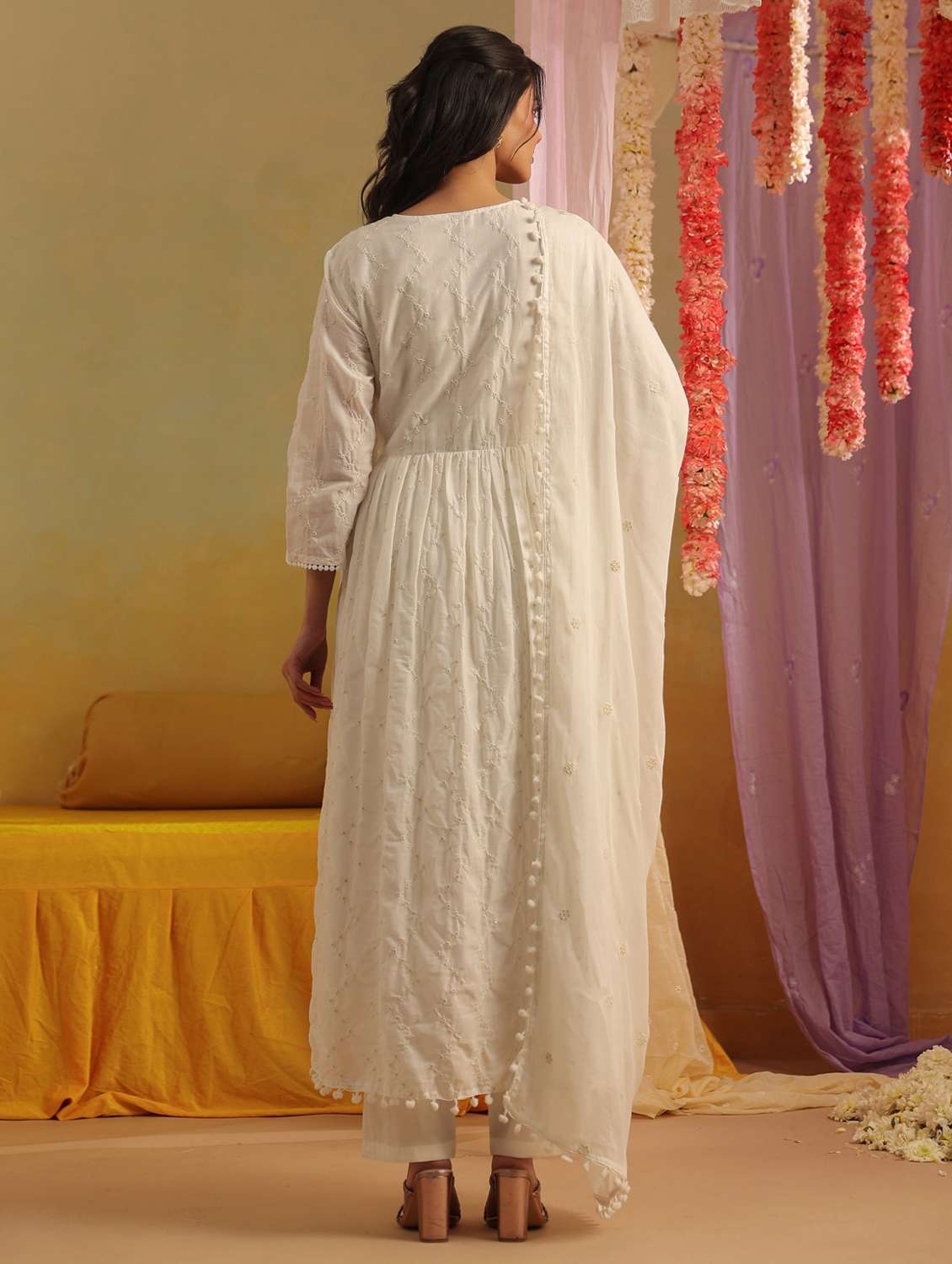 women solid with work three quarter sleeve kurta pant with dupatta set - 22390161 -  Standard Image - 4