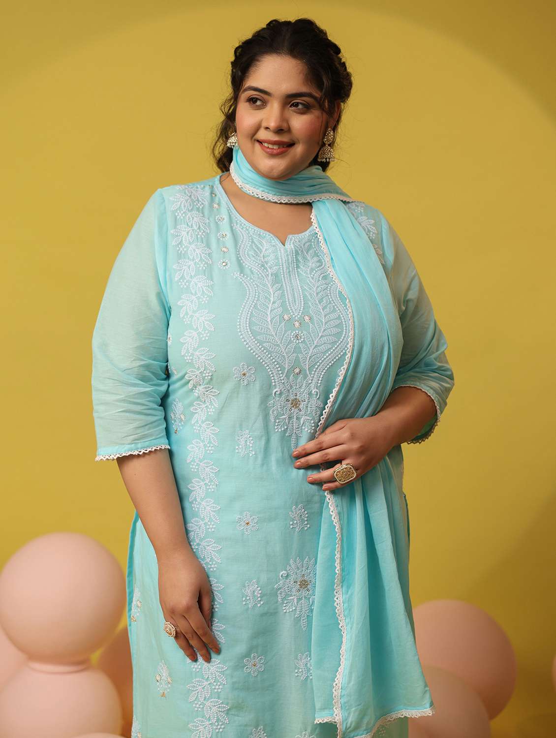 women plus size solid with work notch neck kurta pant with dupatta set - 22390165 -  Standard Image - 1