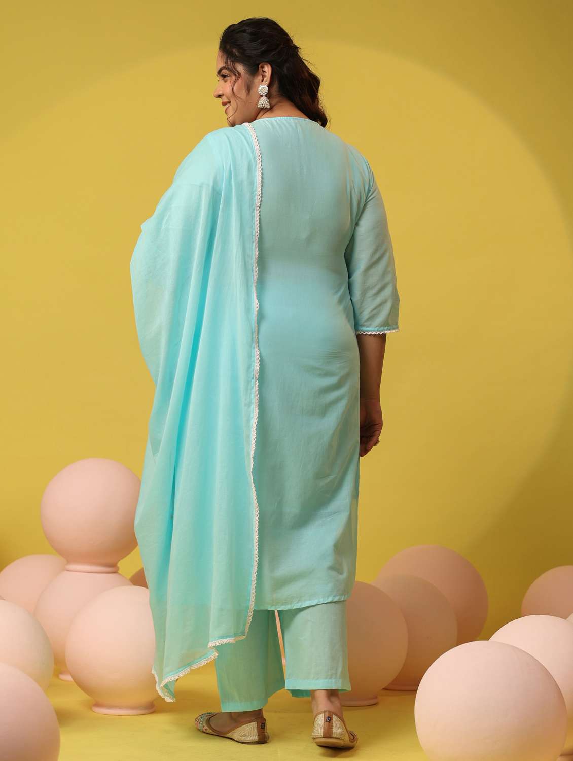 women plus size solid with work notch neck kurta pant with dupatta set - 22390165 -  Standard Image - 4