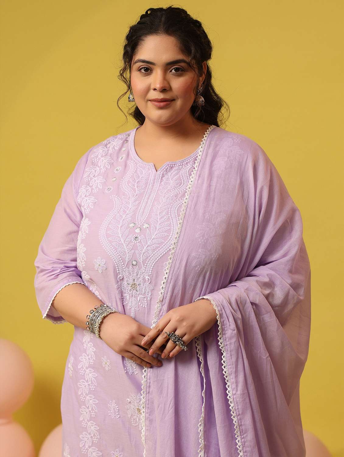 women plus size solid with work notch neck kurta pant with dupatta set - 22390166 -  Standard Image - 1