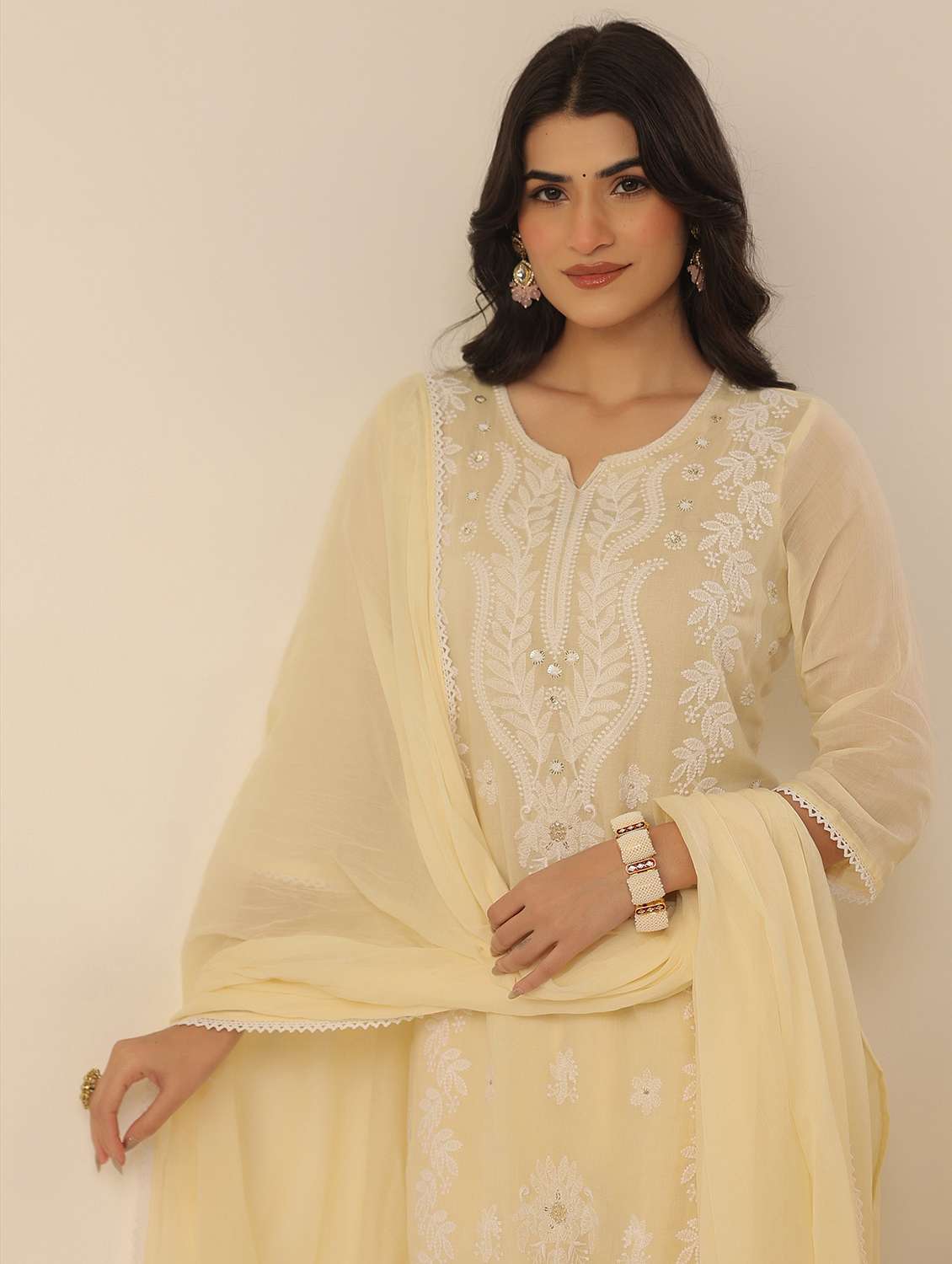 women solid with work notch neck kurta pant with dupatta set - 22390177 -  Standard Image - 1