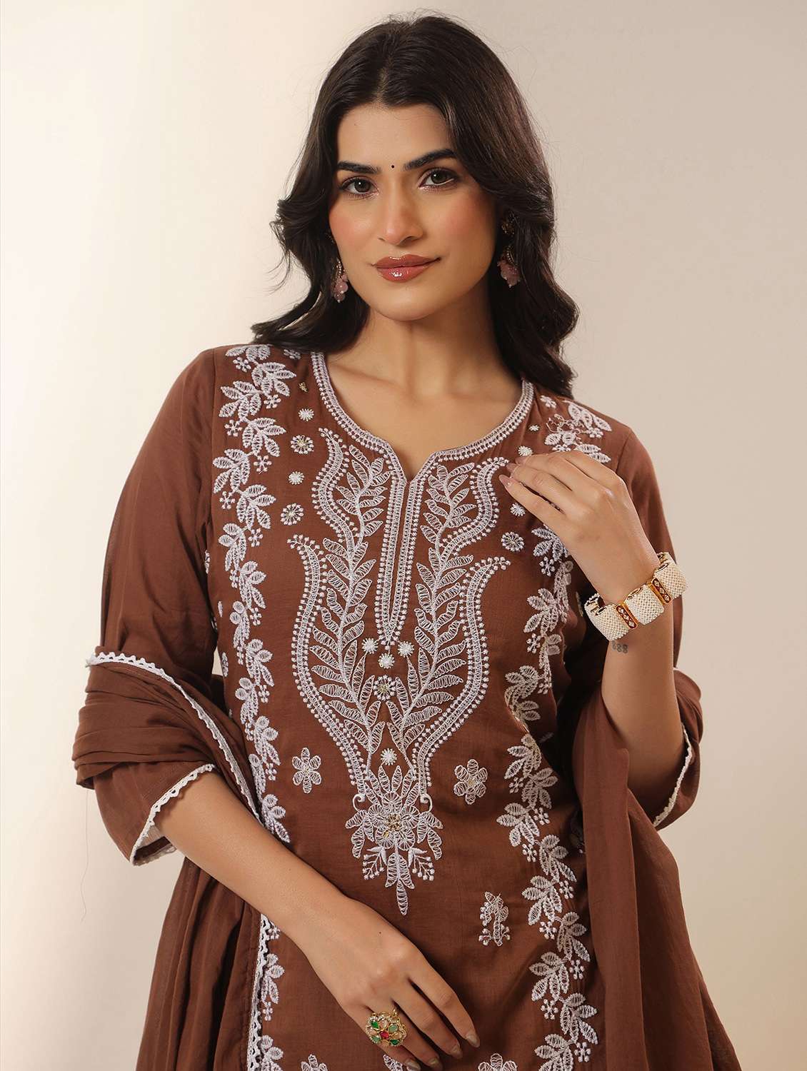 women solid with work notch neck kurta pant with dupatta set - 22390178 -  Standard Image - 1