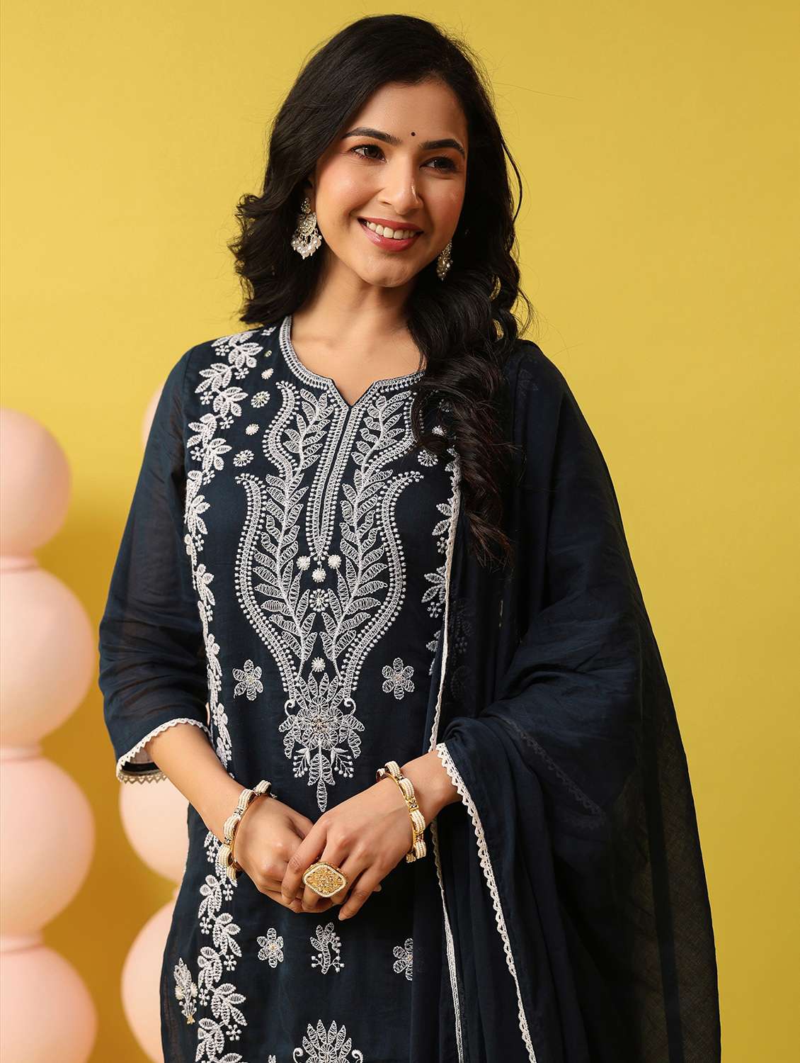 women solid with work notch neck kurta pant with dupatta set - 22390180 -  Standard Image - 1