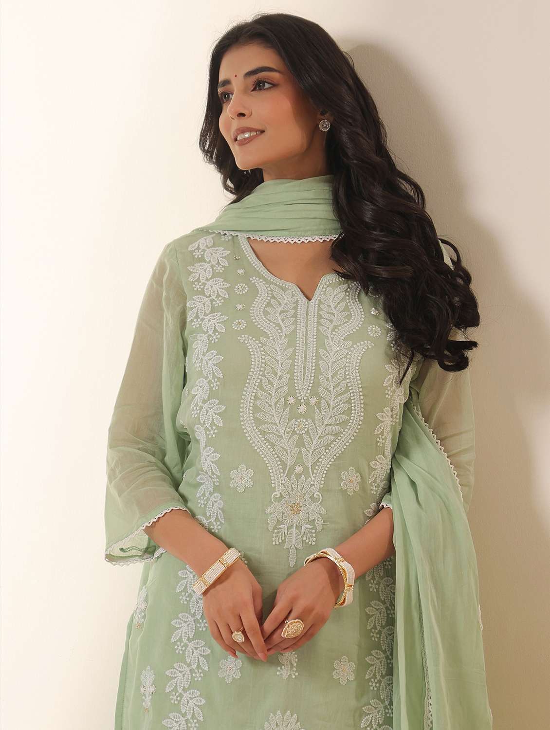 women solid with work notch neck kurta pant with dupatta set - 22390182 -  Standard Image - 1