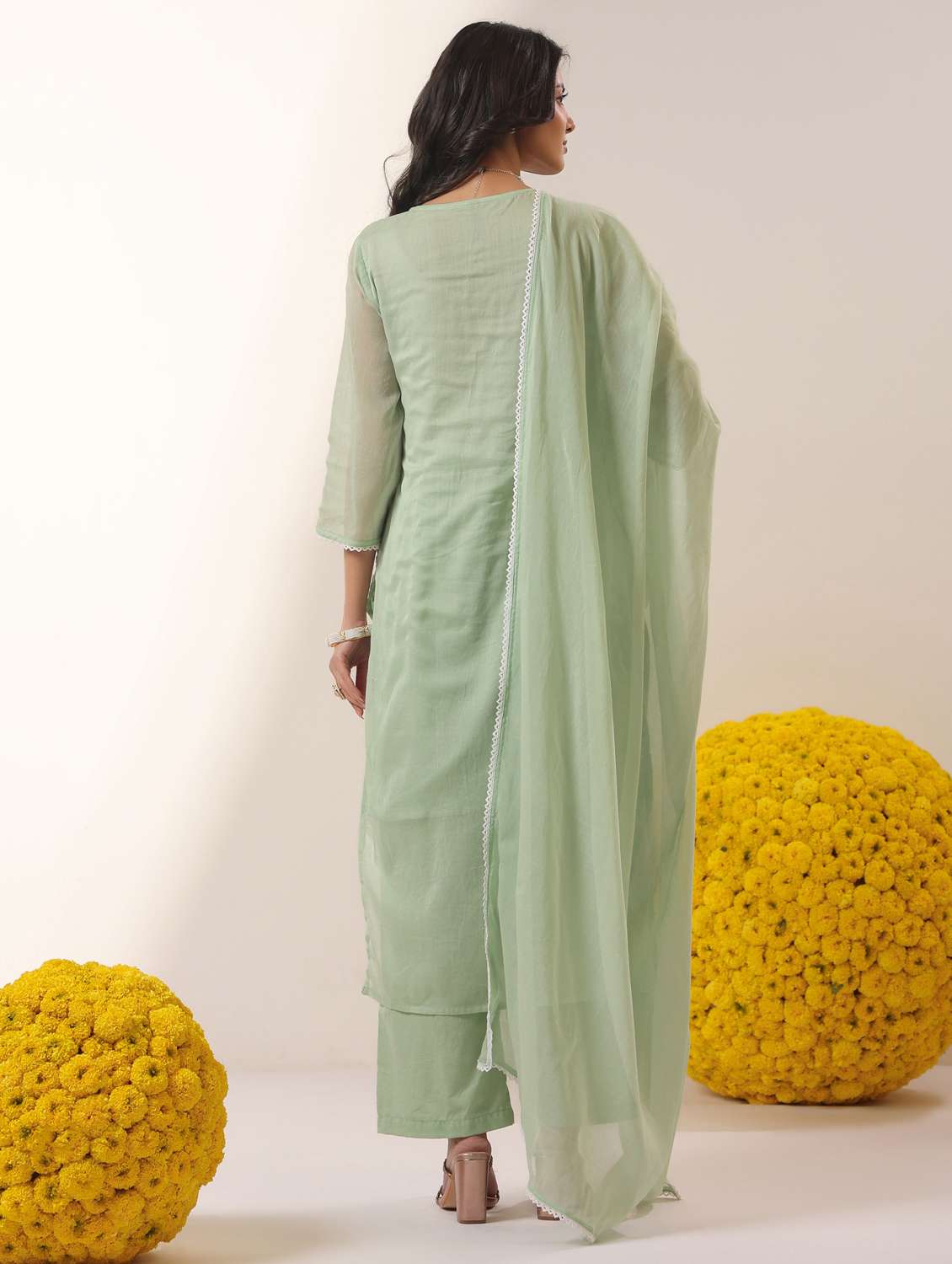 women solid with work notch neck kurta pant with dupatta set - 22390182 -  Standard Image - 4