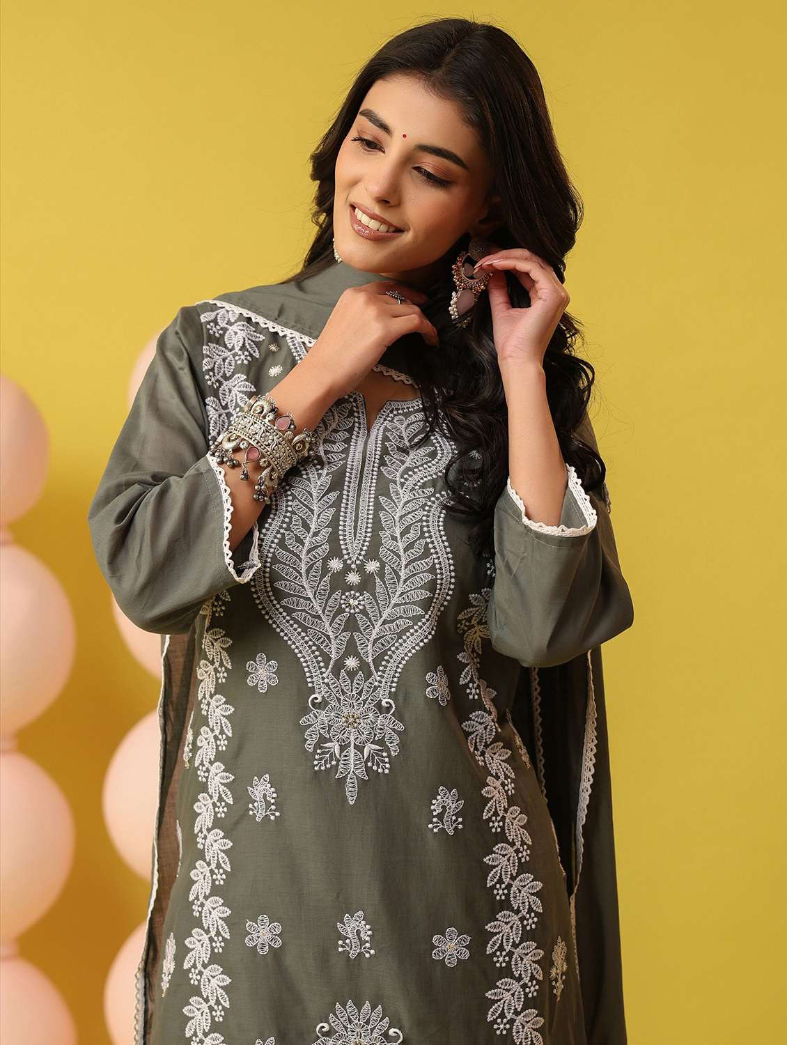 women solid with work notch neck kurta pant with dupatta set - 22390184 -  Standard Image - 1