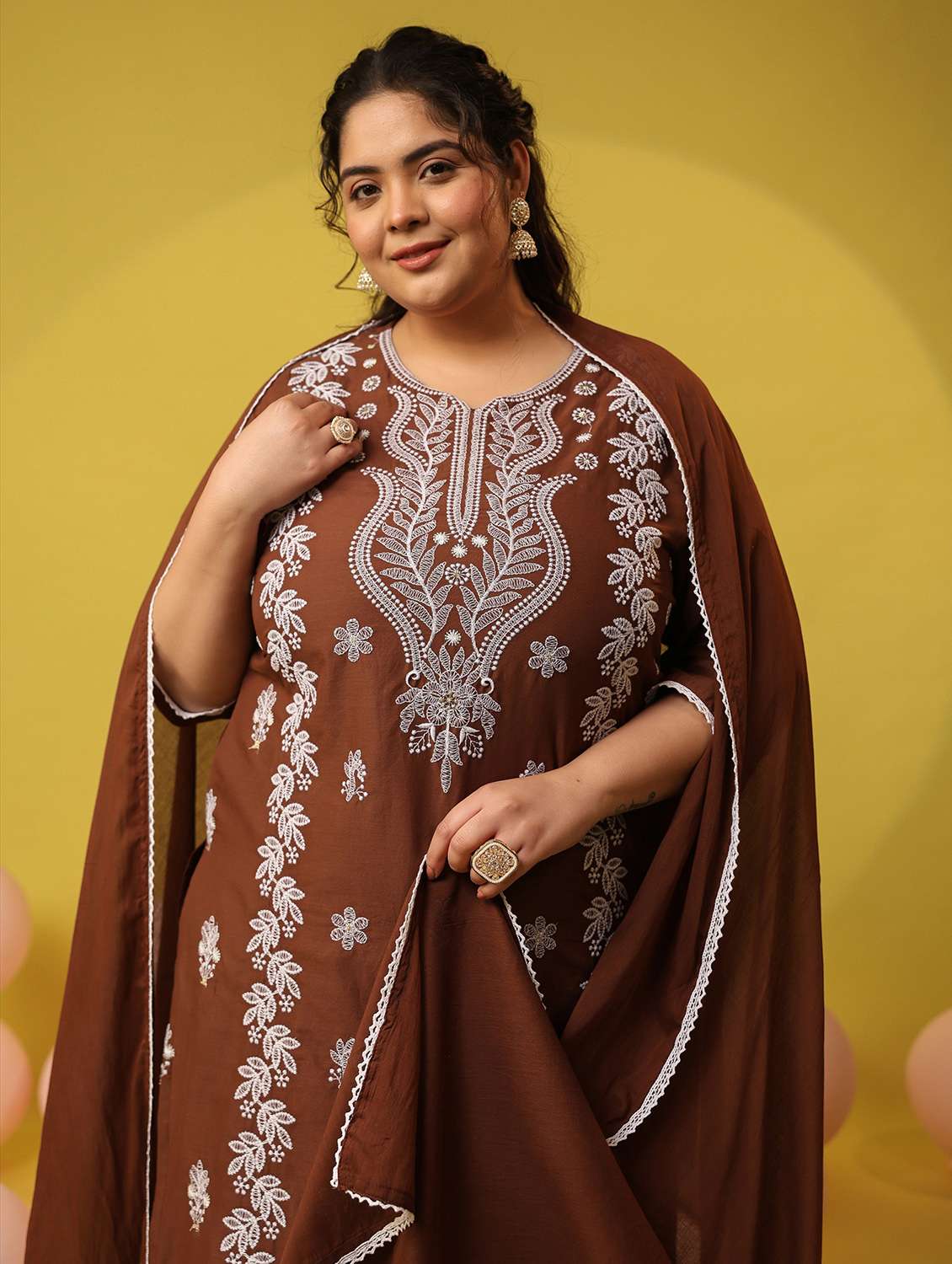 Women Plus Size Solid With Work Notch Neck Kurta Pant With Dupatta Set - 22390186 -  Standard Image - 1