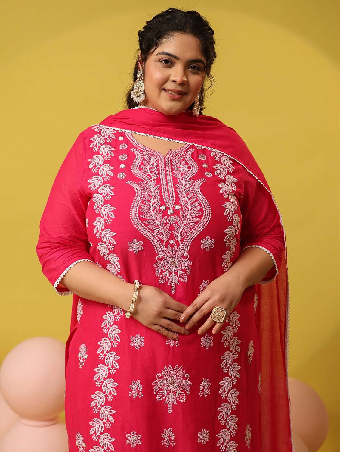 women plus size solid with work notch neck kurta pant with dupatta set - 22390187 -  Standard Image - 1