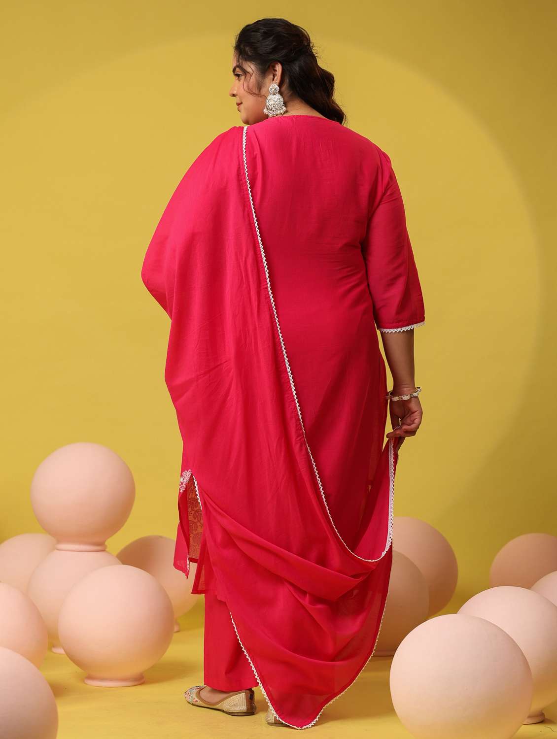 women plus size solid with work notch neck kurta pant with dupatta set - 22390187 -  Standard Image - 4