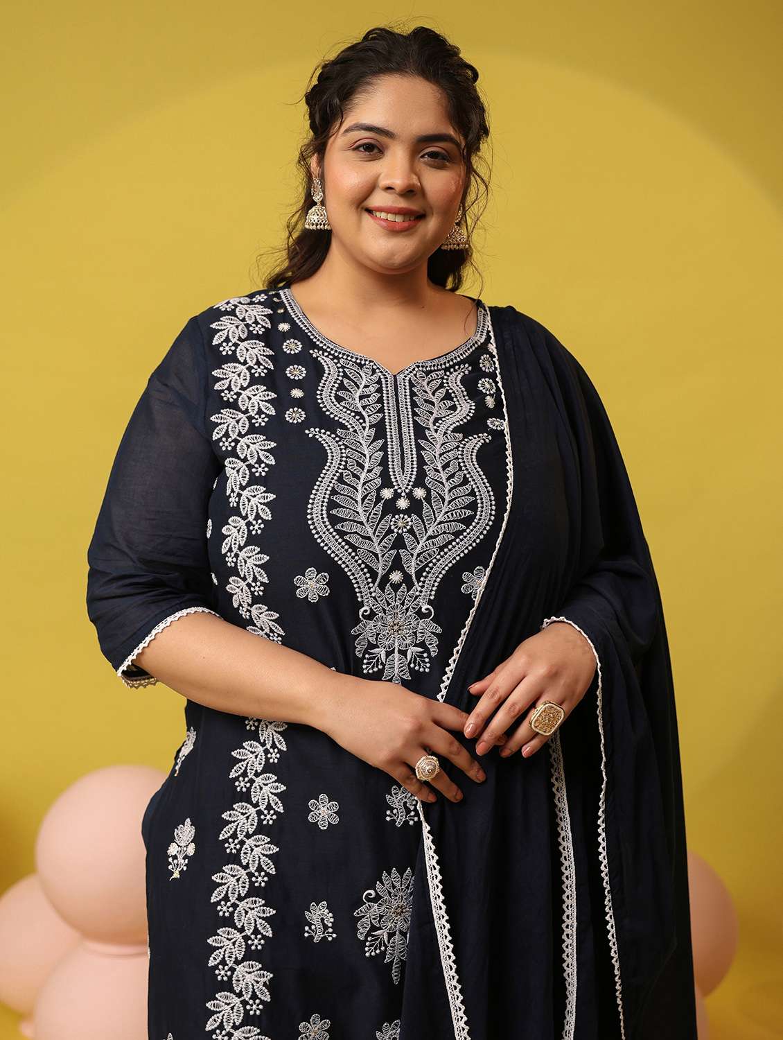 women plus size solid with work notch neck kurta pant with dupatta set - 22390188 -  Standard Image - 1