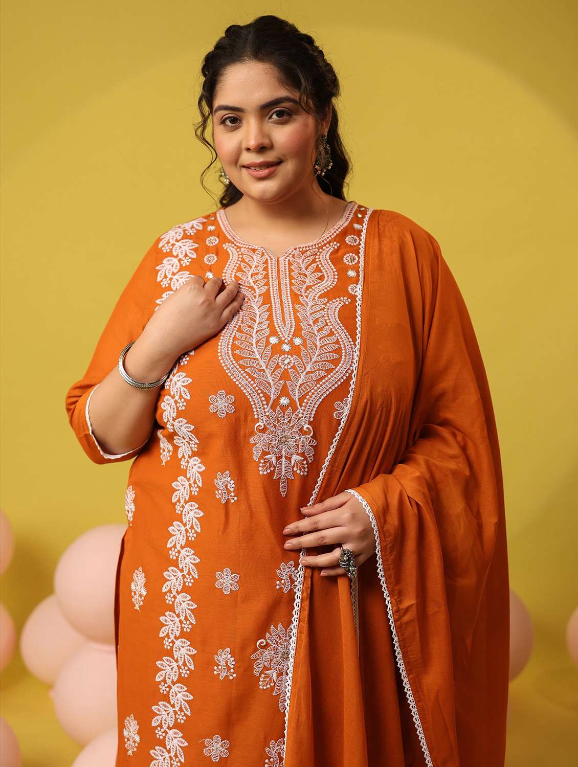 women plus size solid with work notch neck kurta pant with dupatta set - 22390191 -  Standard Image - 1