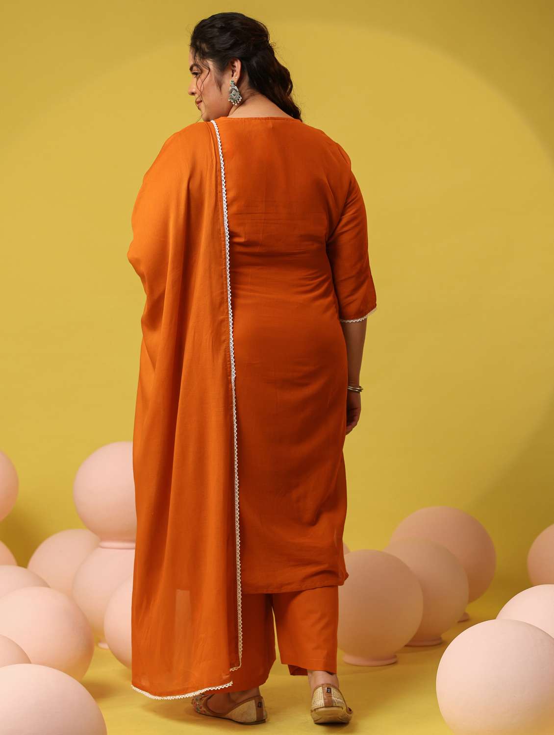 women plus size solid with work notch neck kurta pant with dupatta set - 22390191 -  Standard Image - 4