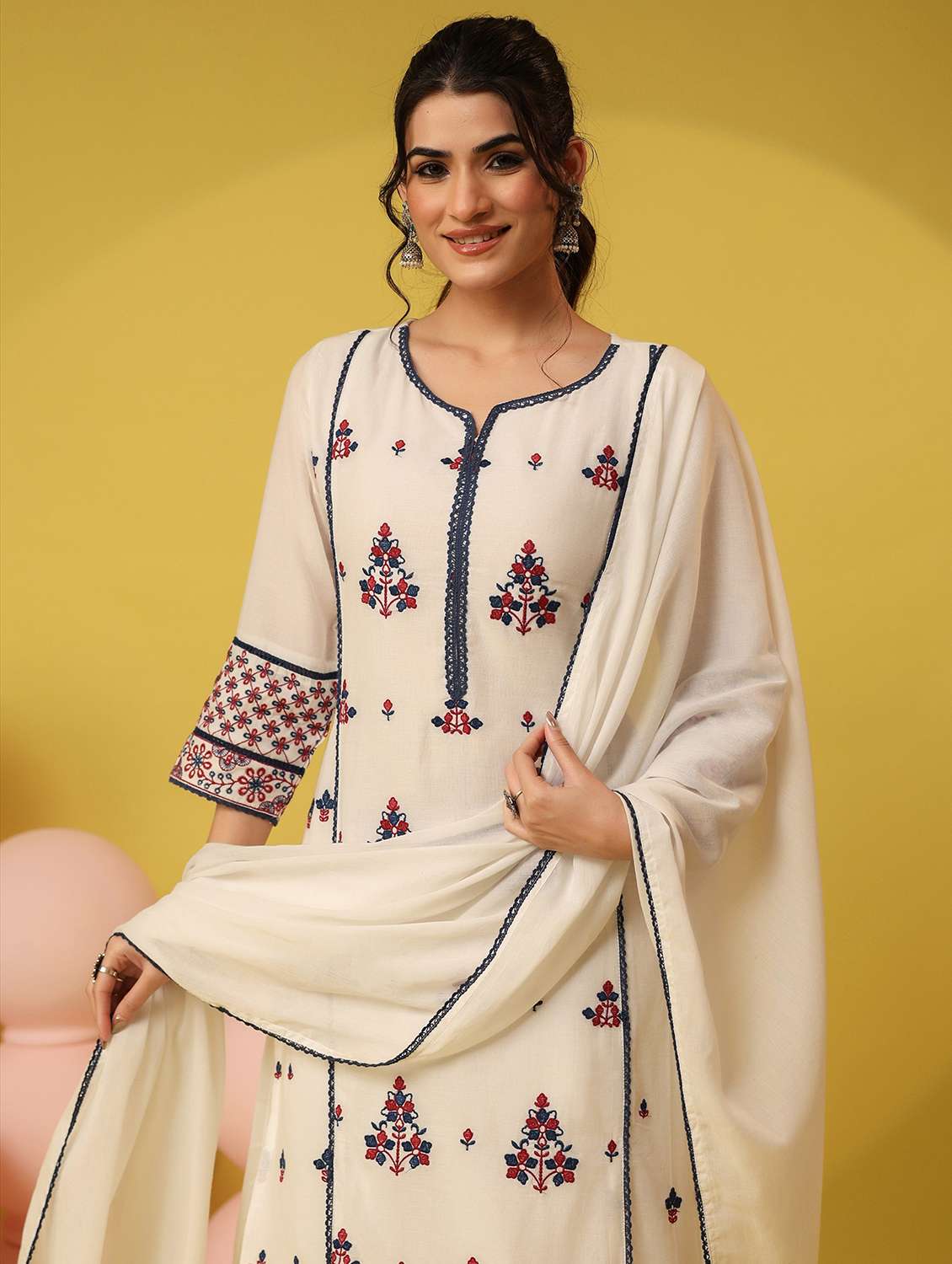 women solid with work notch neck kurta pant with dupatta set - 22390196 -  Standard Image - 1