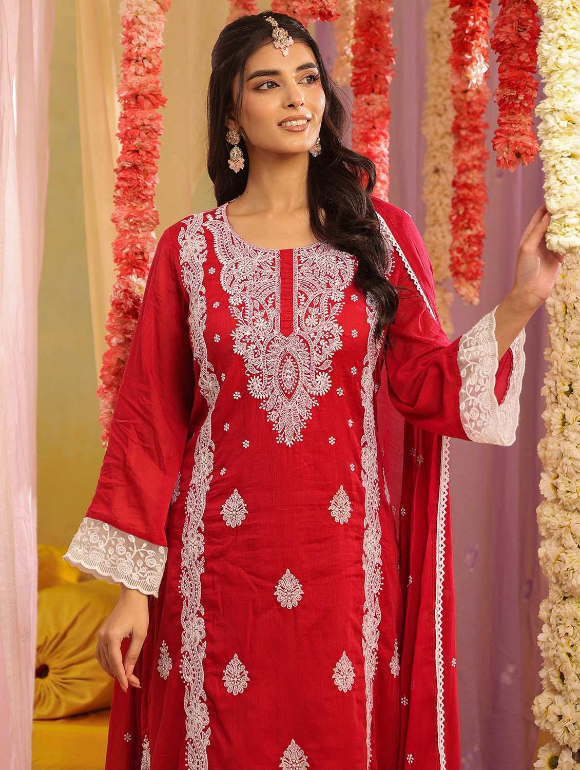 women solid with work round neck kurta pant with dupatta set - 22390197 -  Standard Image - 1