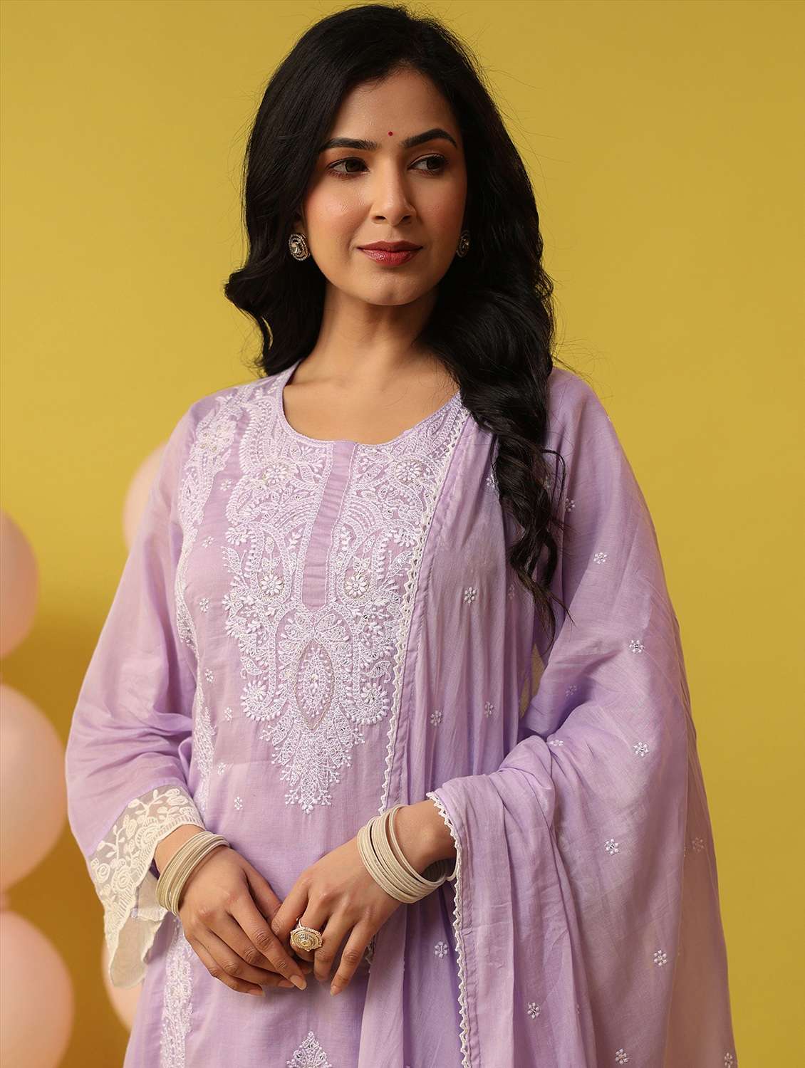 women solid with work round neck kurta pant with dupatta set - 22390198 -  Standard Image - 1