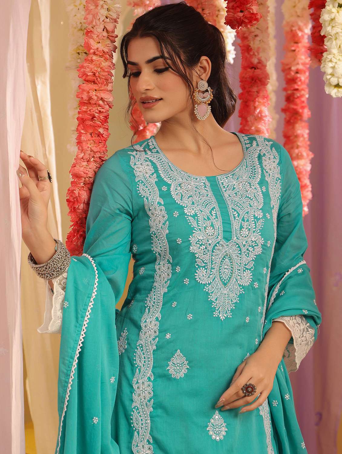 women solid with work round neck kurta pant with dupatta set - 22390204 -  Standard Image - 1