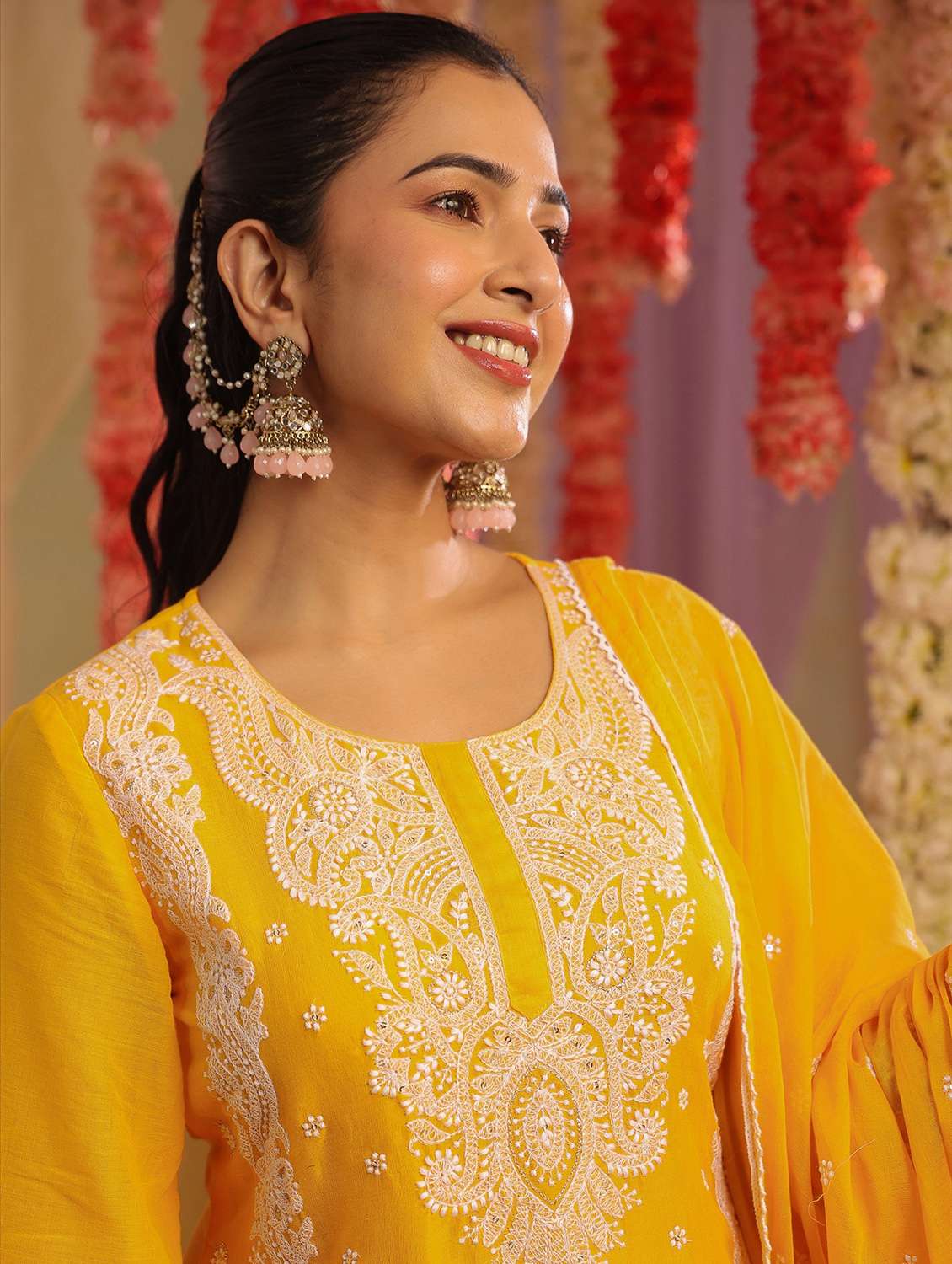 women solid with work round neck kurta palazzo with dupatta set - 22390207 -  Standard Image - 1