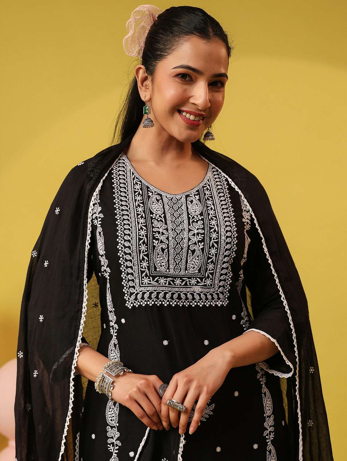 women solid with work round neck kurta pant with dupatta set - 22390209 -  Standard Image - 1