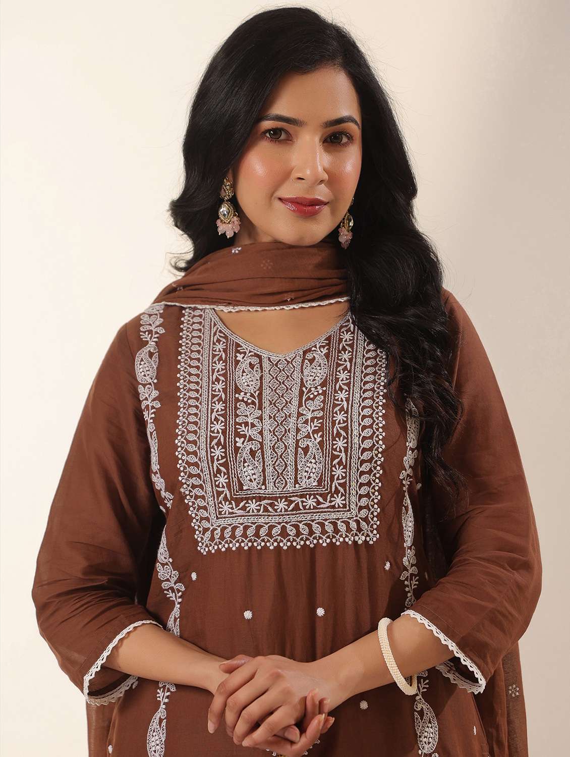 women solid with work round neck kurta pant with dupatta set - 22390210 -  Standard Image - 1