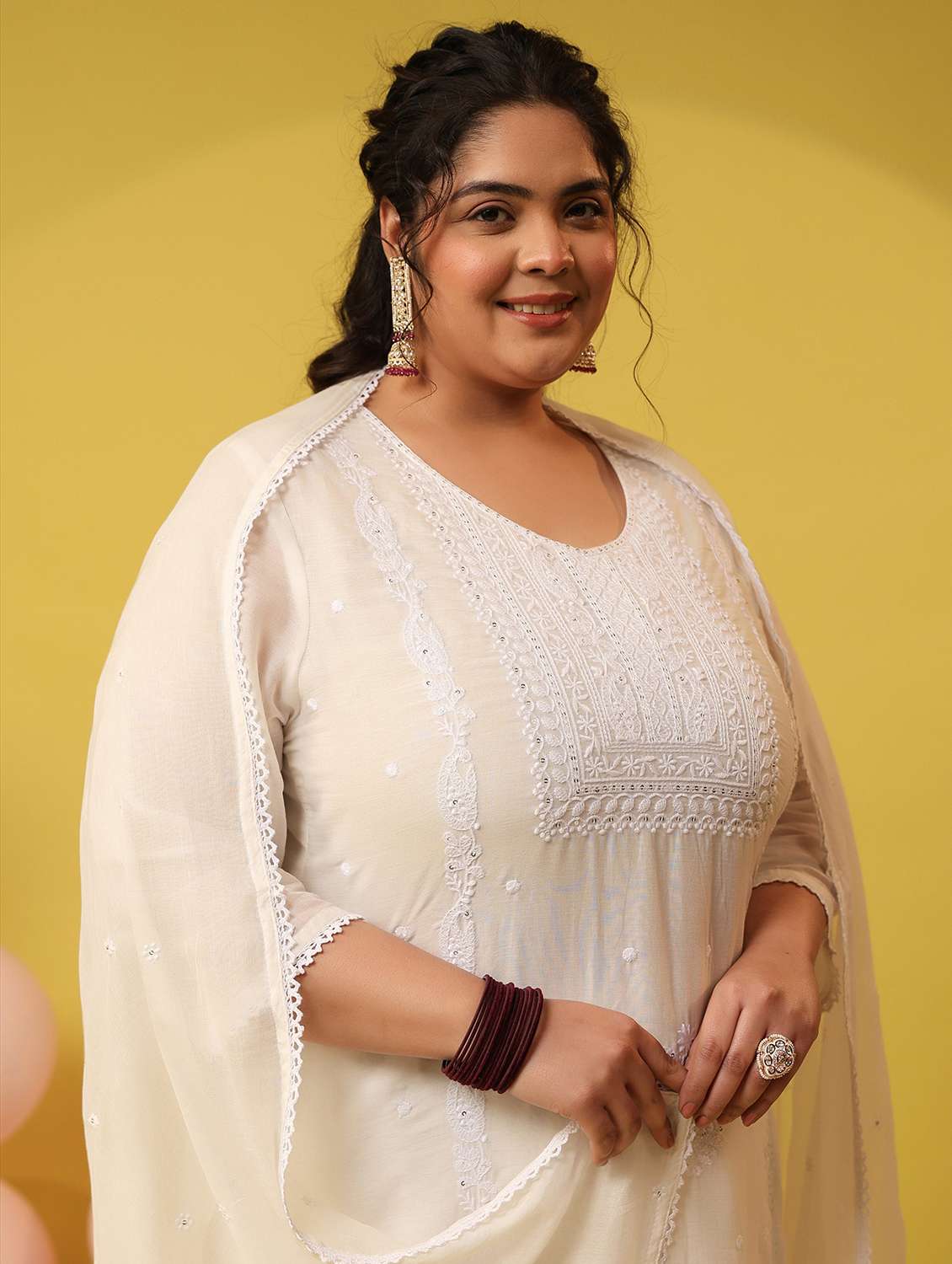 women plus size solid with work round neck kurta pant with dupatta set - 22390213 -  Standard Image - 1