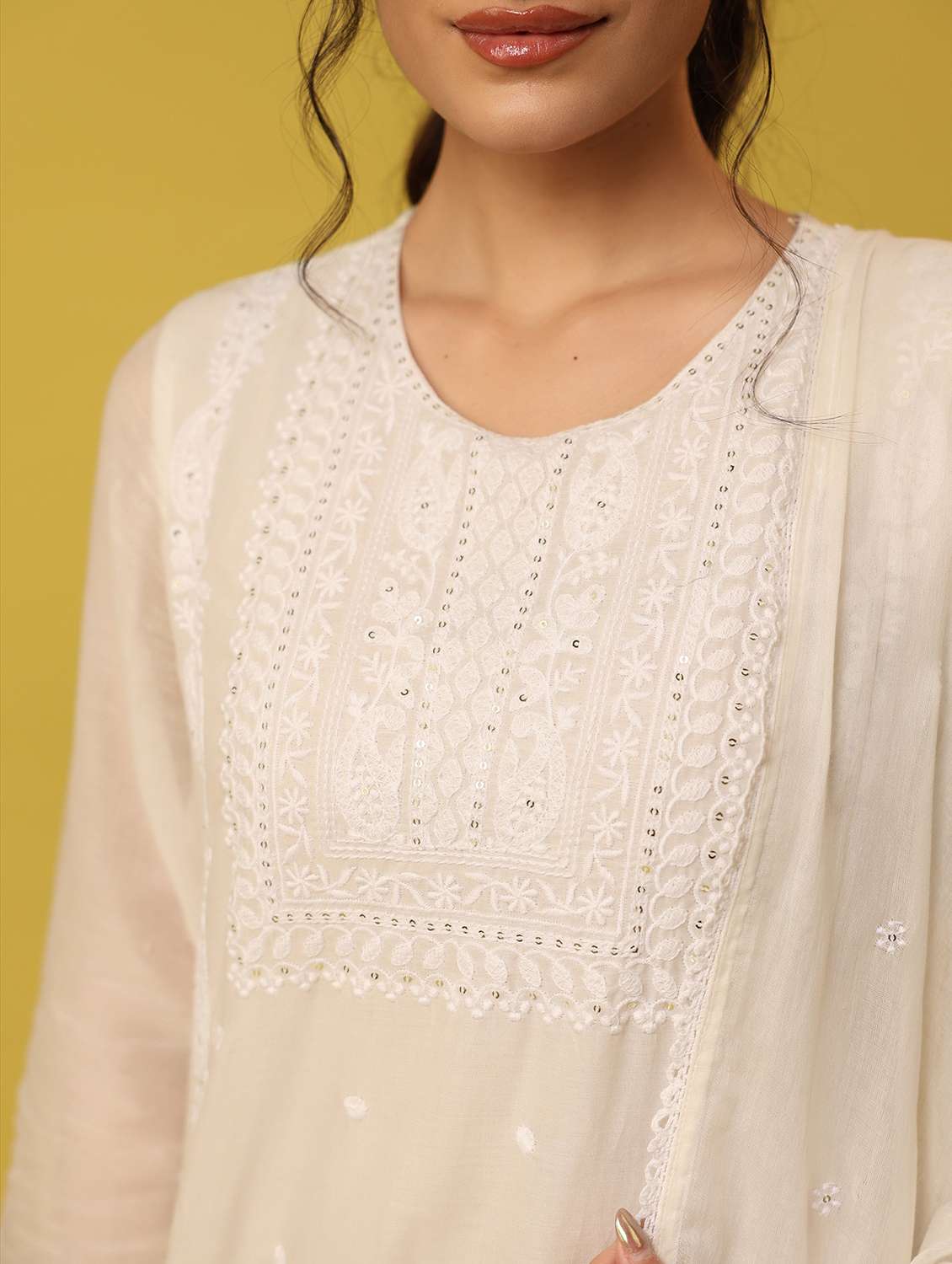 women solid with work round neck kurta palazzo with dupatta set - 22390217 -  Standard Image - 1