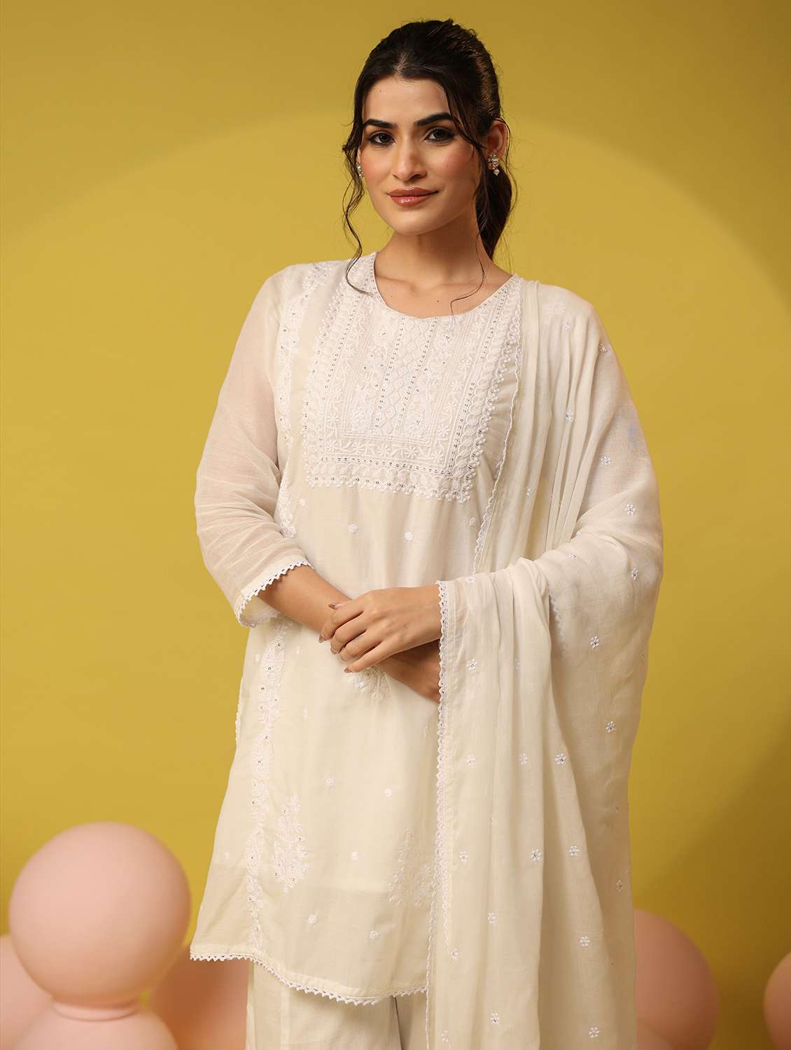 women solid with work round neck kurta palazzo with dupatta set - 22390217 -  Standard Image - 4