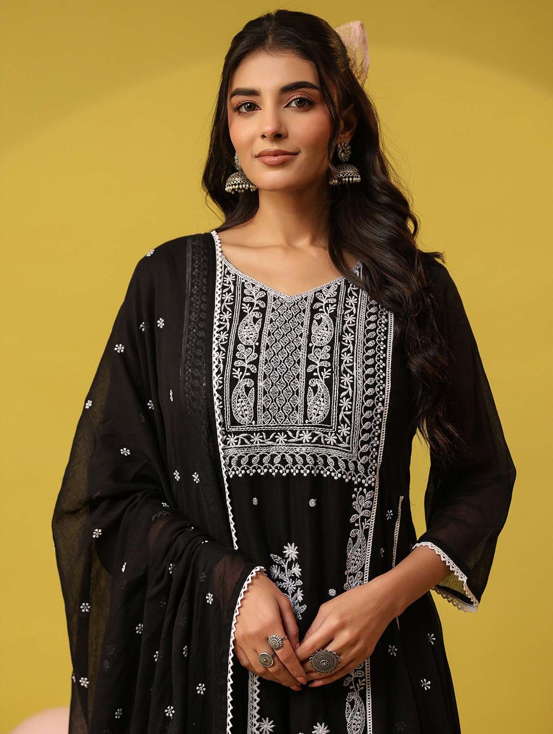 women solid with work three quarter sleeve kurta pant with dupatta set - 22390218 -  Standard Image - 1