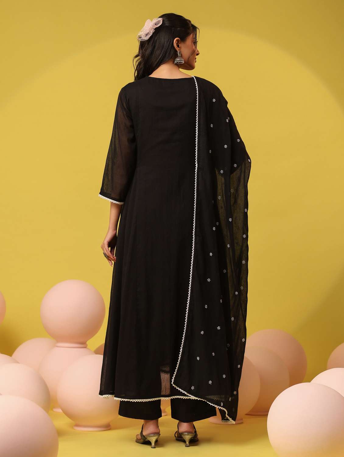 women solid with work three quarter sleeve kurta pant with dupatta set - 22390218 -  Standard Image - 4