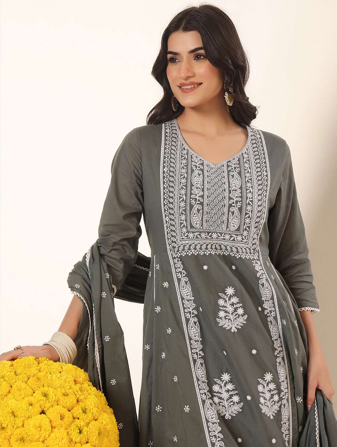 women solid with work three quarter sleeve kurta pant with dupatta set - 22390219 -  Standard Image - 1