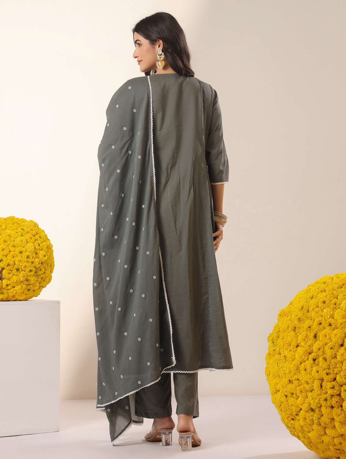 women solid with work three quarter sleeve kurta pant with dupatta set - 22390219 -  Standard Image - 4