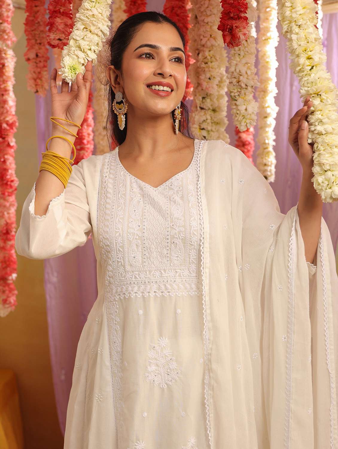 women solid with work three quarter sleeve kurta pant with dupatta set - 22390220 -  Standard Image - 1