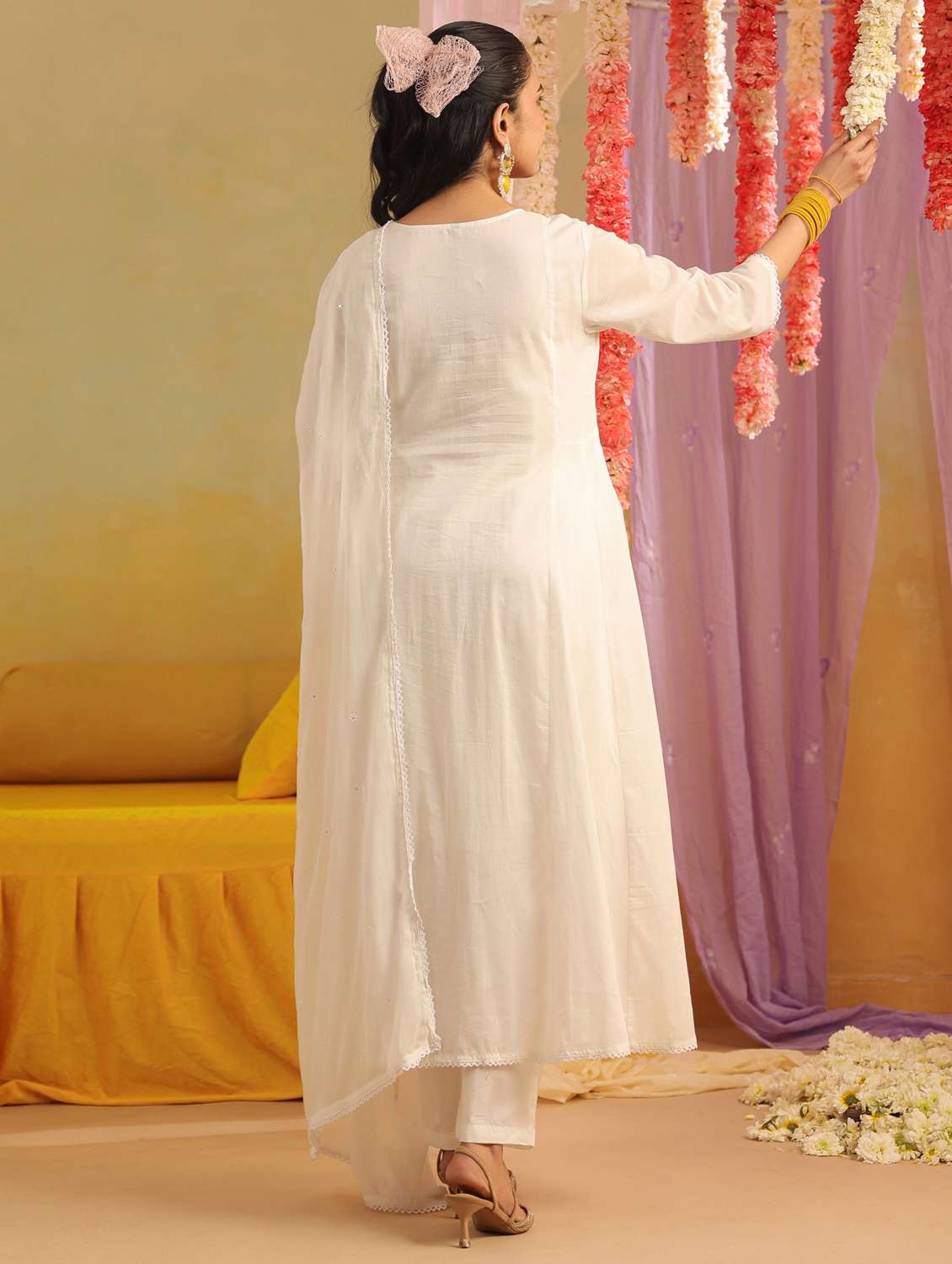 women solid with work three quarter sleeve kurta pant with dupatta set - 22390220 -  Standard Image - 4