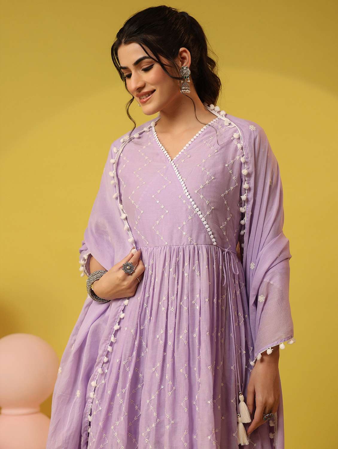 women solid with work v neck kurta sharara with dupatta set - 22390221 -  Standard Image - 4