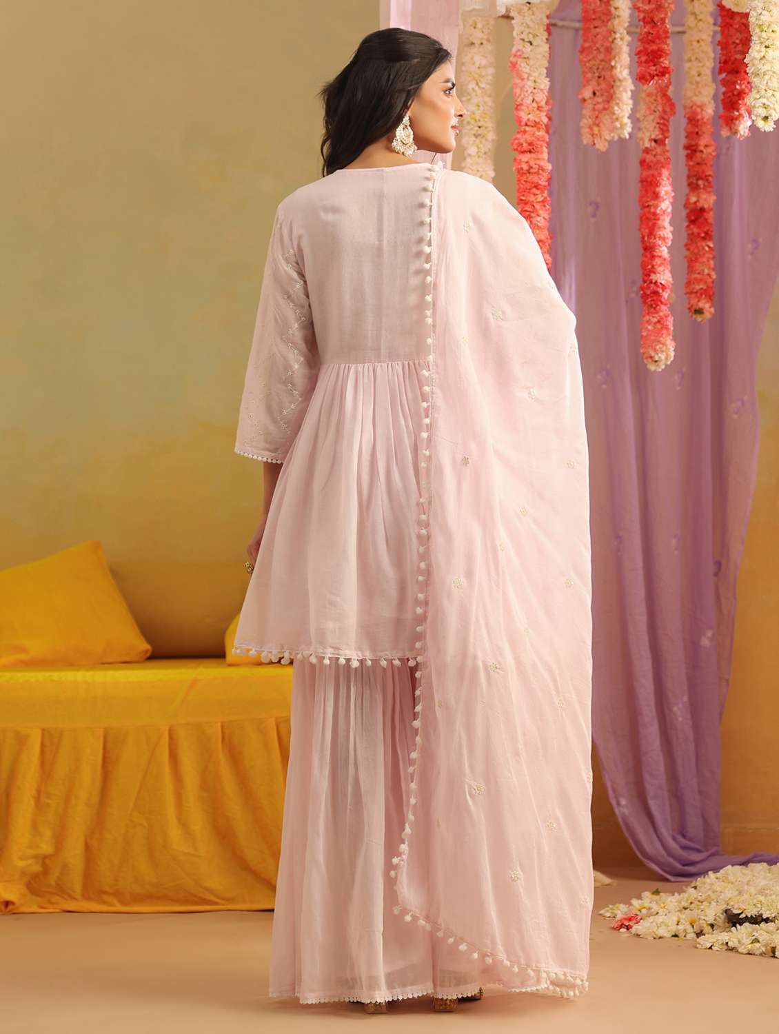 women solid with work v neck kurta sharara with dupatta set - 22390222 -  Standard Image - 4