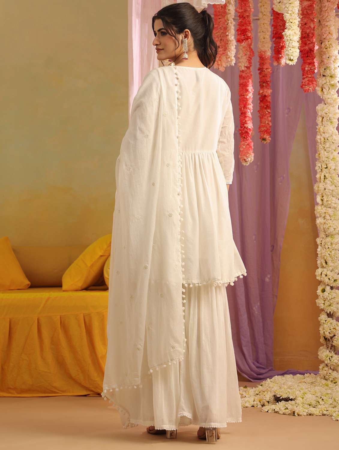 women solid with work v neck kurta sharara with dupatta set - 22390223 -  Standard Image - 4