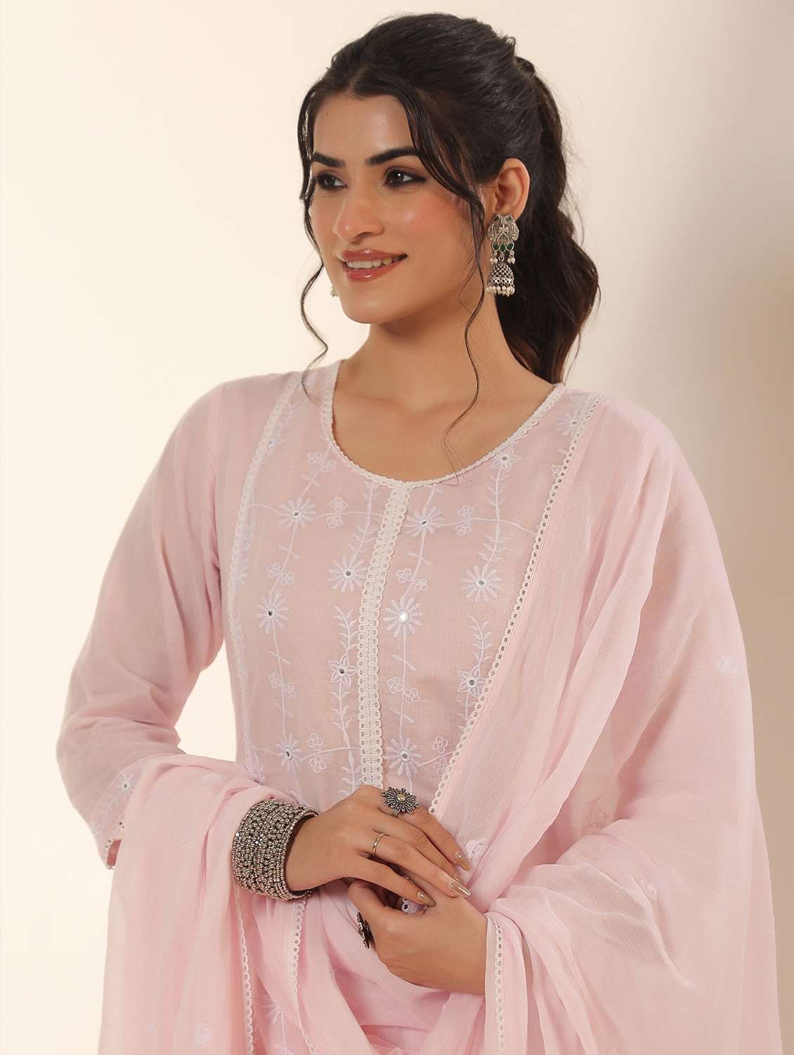 women solid with work round neck kurta pant with dupatta set - 22390224 -  Standard Image - 1