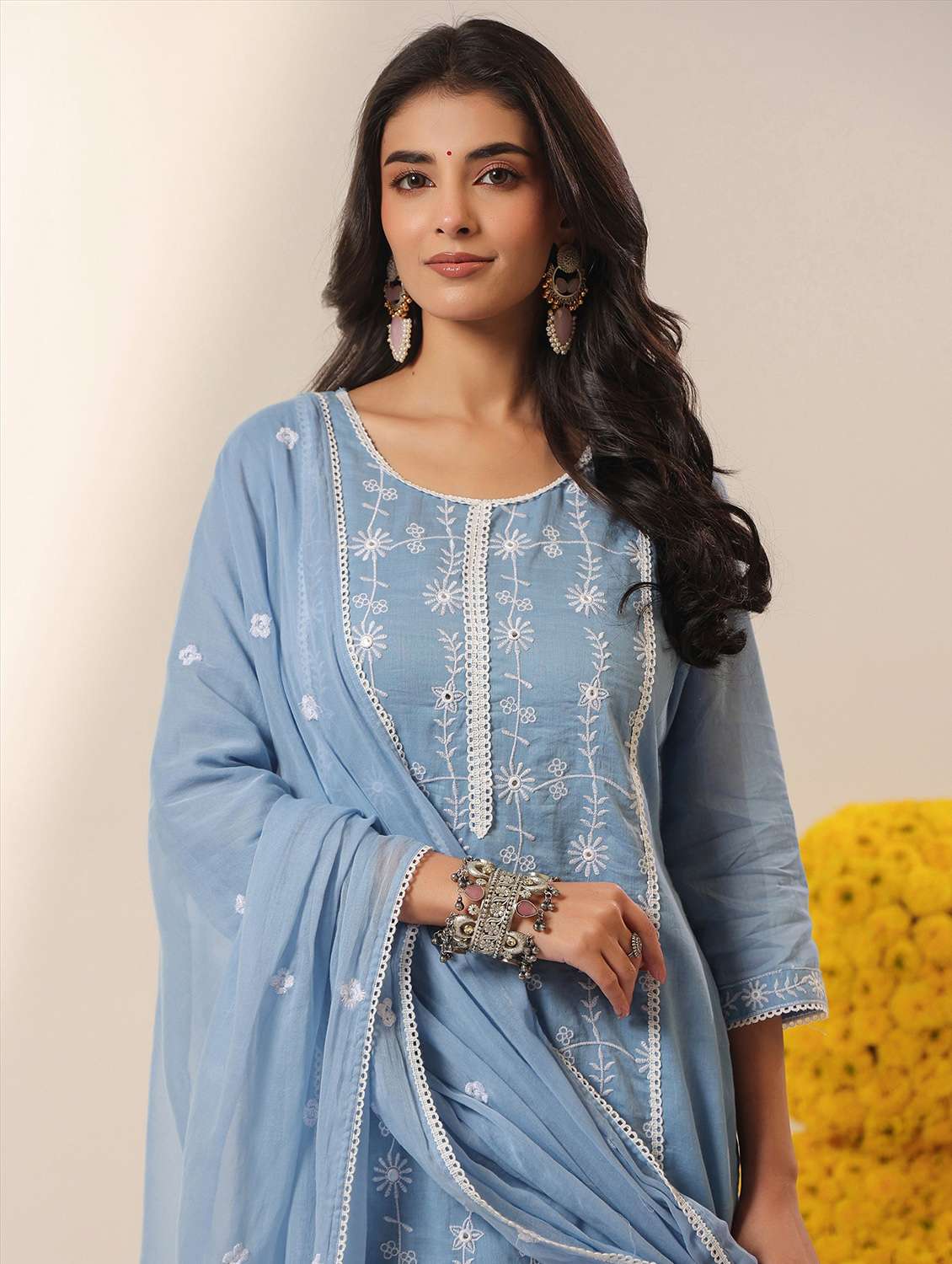 women solid with work round neck kurta pant with dupatta set - 22390228 -  Standard Image - 1