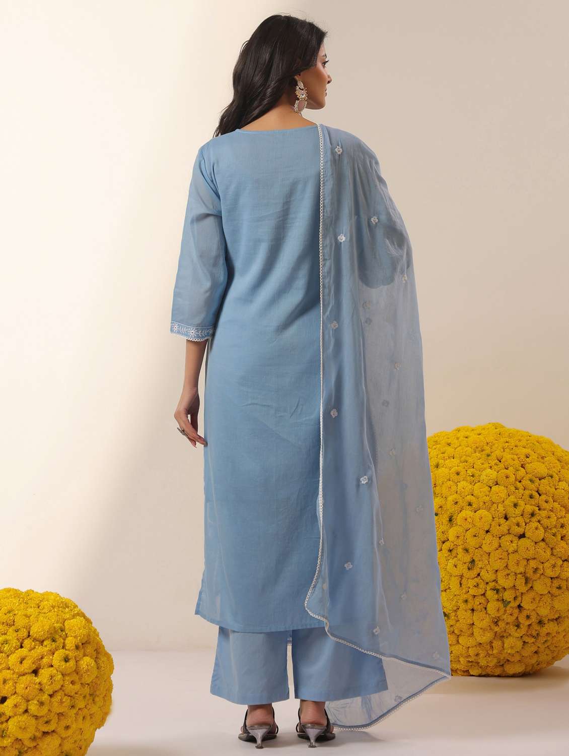 women solid with work round neck kurta pant with dupatta set - 22390228 -  Standard Image - 4