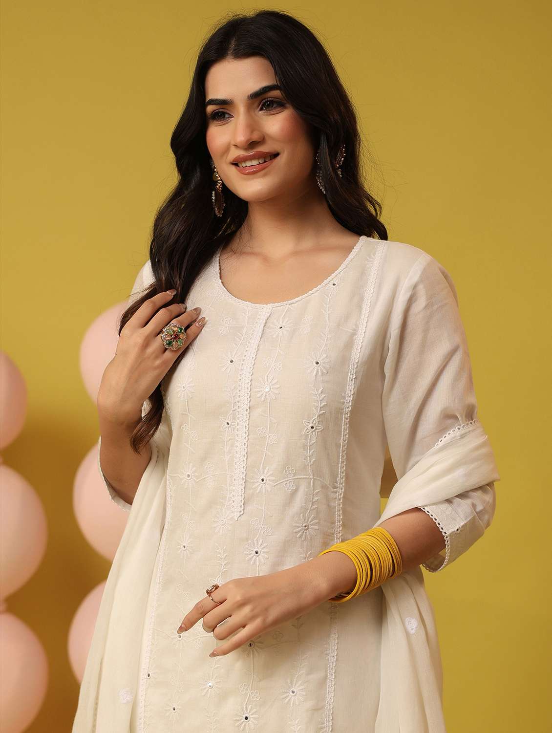 women solid with work round neck kurta pant with dupatta set - 22390229 -  Standard Image - 1