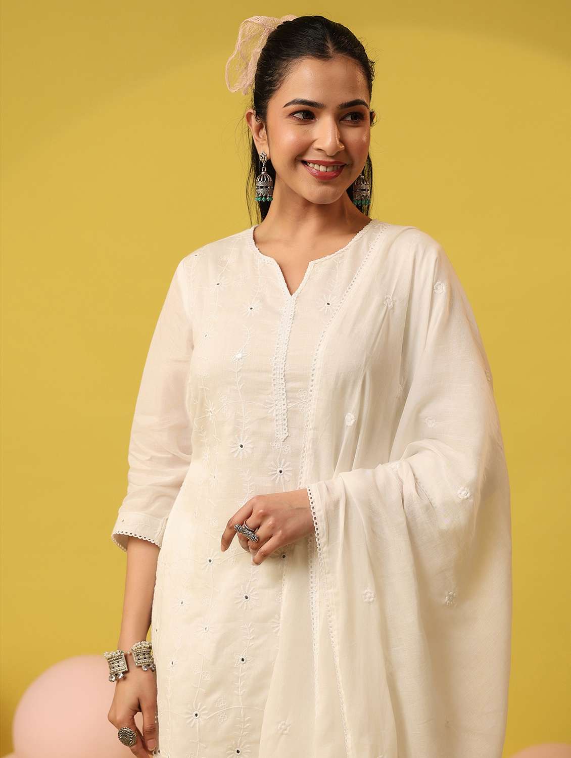 women solid with work notch neck kurta palazzo with dupatta set - 22390232 -  Standard Image - 1