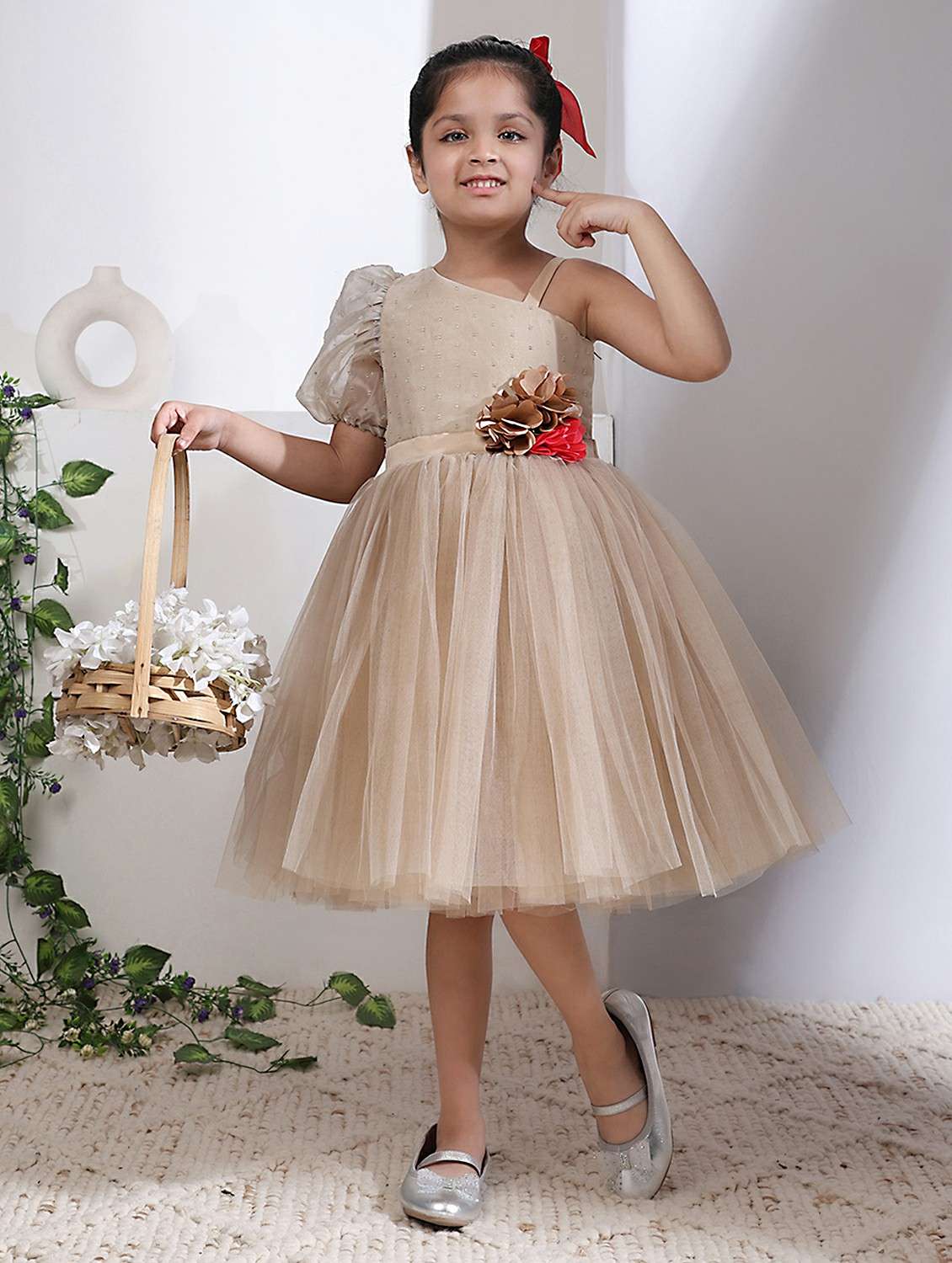 girls self designed single shoulder fit & flare dress