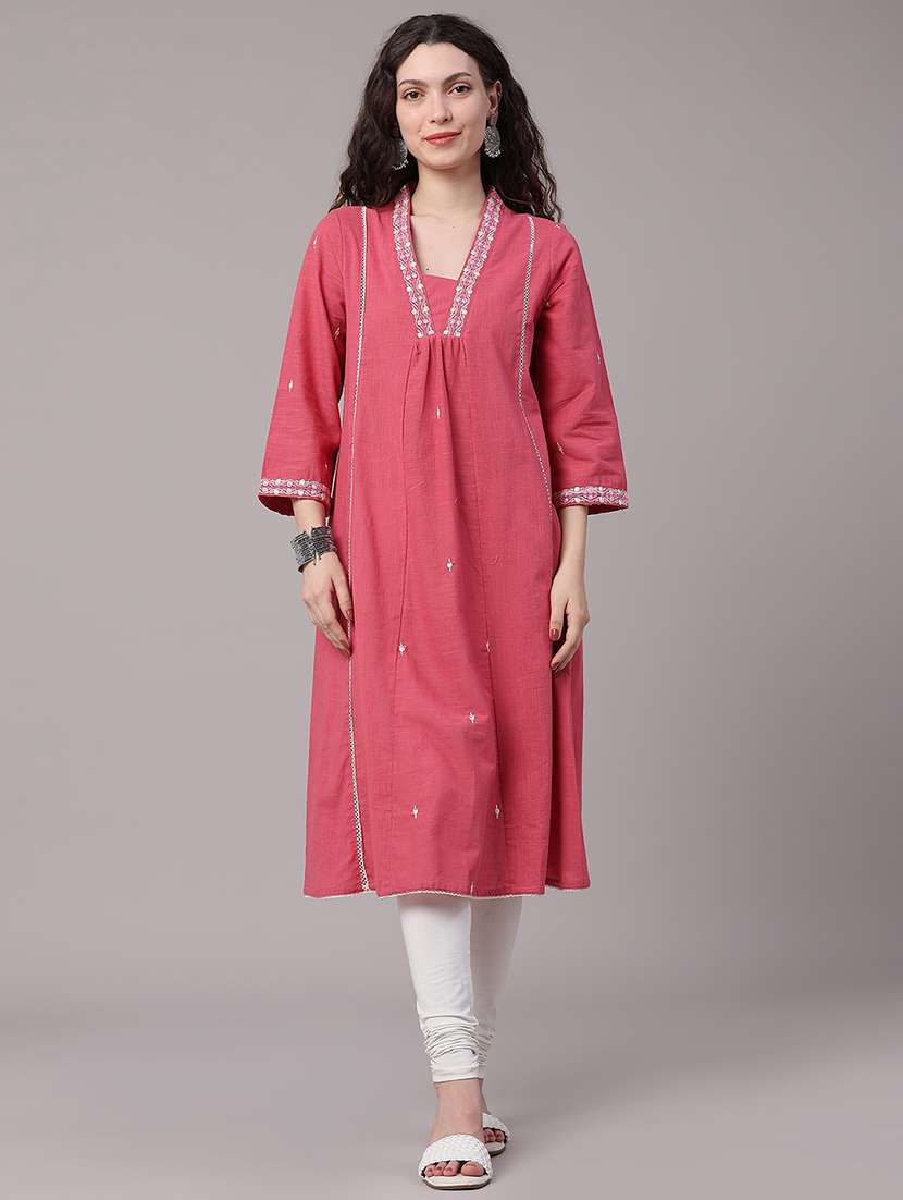 women embroidered three quarter sleeves a-line kurta