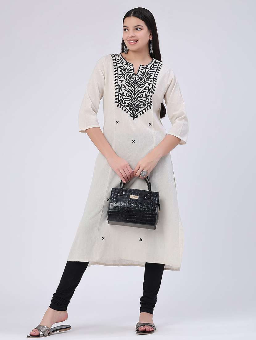 women embroidered three quarter sleeves straight kurta