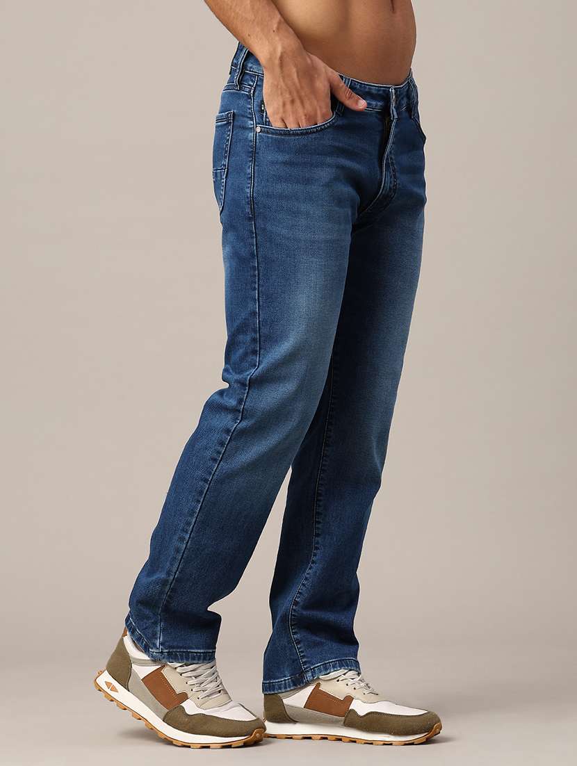 men washed mid rise full length straight jeans