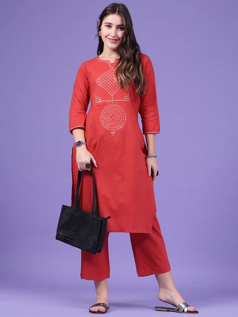 women embroidered three quarter sleeve kurta pant set
