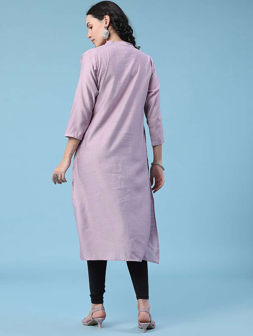 women solid three quarter sleeves straight kurta - 22391193 -  Standard Image - 4
