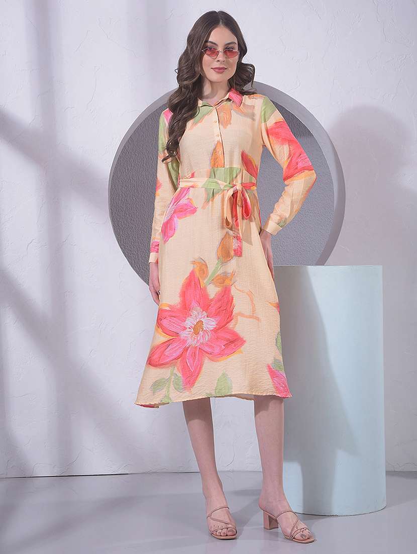 women floral print long sleeve a-line dress